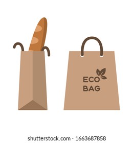 Eco paper bag side and front. Eco bag with a loaf. Ecological shopping bag concept. Isolated on white background. Stock vector illustration