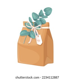 Eco paper bag vector illustration. Cartoon isolated package for gift with green eucalyptus plant, bow and label on ribbon, vintage ecobag for natural organic products, brown craft reusable bag