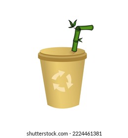Eco paper cup and recykling sign. Funny character for your design. Green energy concept. Ecology problems, environmental protection. Stop plastic.