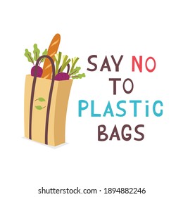 Eco Paper Grocery Shopping Bag. In the bag vegetables beets, leeks, baguette. Zero Waste. Ecological lettering no plastic bags concept. Reusable shopping bag. Vector flat illustration