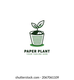 Eco Paper Plant logo template with paper in pot shape icon logo illustration