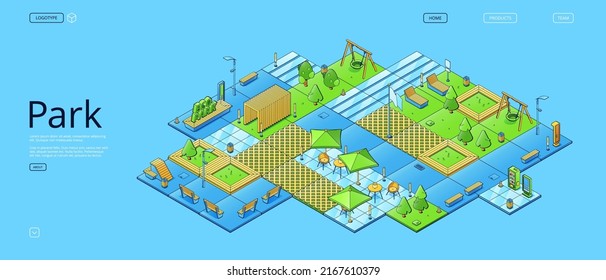 Öko-Parkplakat mit isometrischer Sommerlandschaft mit grünen Bäumen, Gras, Holzbänken und Schaukeln. Vektorbanner des öffentlichen Stadtgartens mit Café, Verkaufsautomaten und Spielplatz