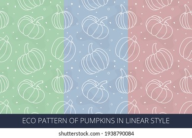 Eco pattern of pumpkins in a linear style. Vector texture of pumpkins on a green, blue and red background.