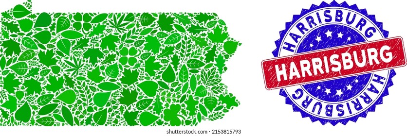 Eco Pennsylvania State map composition of herbal leaves in green color shades and grunge bicolor Harrisburg seal stamp. Red and blue bicolored stamp with rubber texture and Harrisburg word.