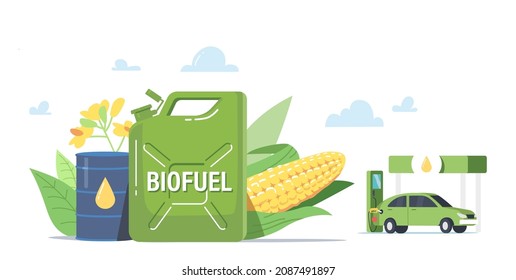 Eco Petrol Ecological Concept. Biofuel Canister with Plants, Green Leaves, Flowers and Corn with Barrel of Fuel. Scientific Development of Eco Petroleum, Chemistry for Car. Cartoon Vector Illustration