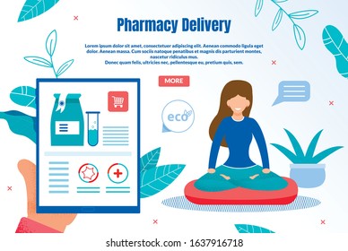 Eco Pharmacy Delivery Trendy Flat Vector Web Banner, Landing Page Template. Female Customer, Woman Choosing and Ordering Natural Medicines from Organic, Ecologically Clean Materials Illustration
