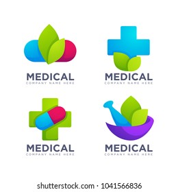 Eco Pharmacy, Glossy Shine Logo Template with Images of , pounder, pills and green Leaves for your medical center