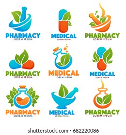 Eco Pharmacy, Glossy Shine Logo Template with Images of bottles, pounder, pills and green Leaves