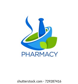 Eco Pharmacy, Glossy Shine Logo Template with Images of  pounder and green Leaves