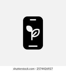 Eco phone from recycle materials and leaf icon semi solid, free energy, ecology, renewable and green energy concept. Glyph icon.