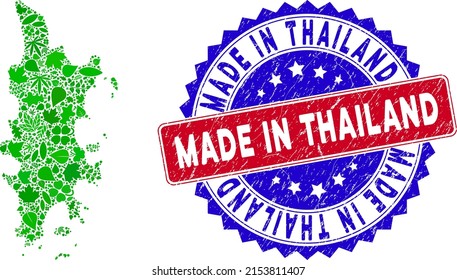 Eco Phuket map collage of herbal leaves in green color hues and grunge bicolor Made in Thailand seal. Red and blue bicolored seal with scratched texture and Made in Thailand tag.