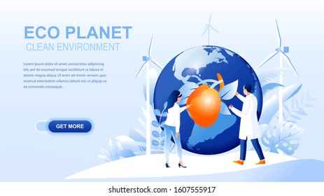 Eco planet flat landing page with header. Clean environment website layout. Save planet webpage. Solving environmental and ecological problems, eco friendly living banner vector template