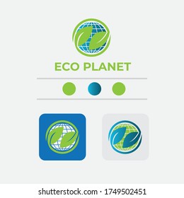 eco planet Logo, environmental protection Sign, Blue and green earth, globe and branch with leaves, ecosystem. Vector illustration Eps10