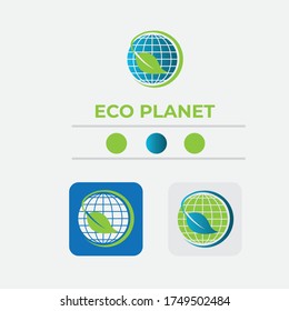 eco planet Logo, environmental protection Sign, Blue and green earth, globe and branch with leaves, ecosystem. Vector illustration Eps10