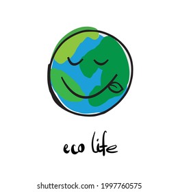 Eco planet logo. Environmental protection in the world is a sign. Planet Earth smiles logo. A happy healthy planet on a white background. Environmental protection symbol