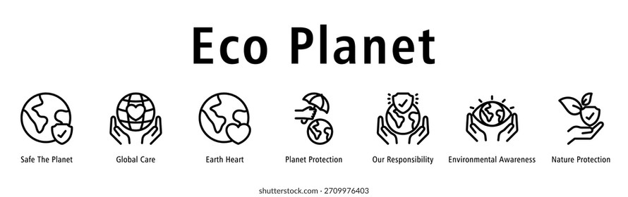 Eco Planet Web-Banner-Symbol Vektorgrafik mit Symbolen von Safe the Planet, Globale Pflege, Erdherz, Planetenschutz, Umweltbewusstsein, Unsere Verantwortung und Naturschutz.