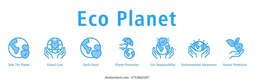 Ilustração do vetor do ícone do banner da web do Eco Planet com ícones de Safe the Planet, Global Care, Earth Heart, Planet Protection, Environmental Awareness, Our Responsibility, and Nature Protection.