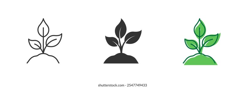 Eco Plant Growth Line and Silhouette Icon Set. Seedling Sprouting from Soil Symbols. Green Sprout of Plant in Ecology Garden Icon. Editable Stroke. Isolated Vector Illustration.