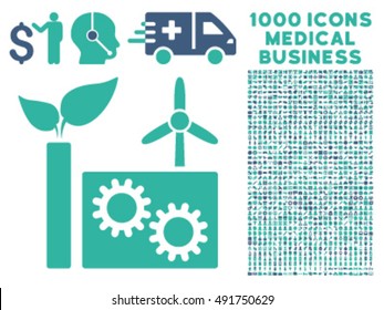Eco Plant icon with 1000 medical commercial cobalt and cyan vector design elements. Set style is flat bicolor symbols, white background.