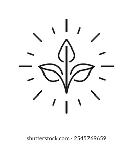 Eco Plant Line Icon With Radiating Lines, Healthy And Sustainable Food Choices Outline Icon. Eco-Friendly Products Sign. Isolated Vector Illustration.