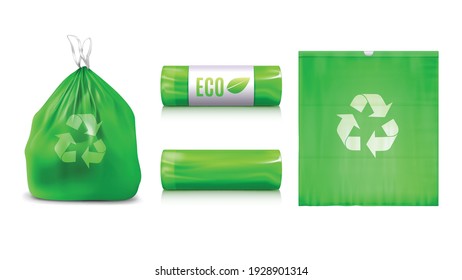 Eco plastic trash bags realistic set with isolated views of rubbish bags pack with recycle sign vector illustration