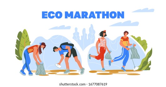 Eco plogging marathon web banner with people. Environment conservation.