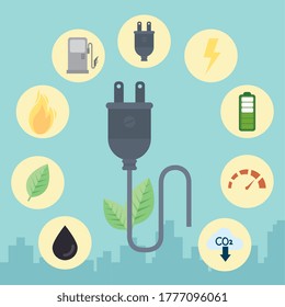 Eco plug with icon set design, energy power save sustainable environmental nature and conservation theme Vector illustration