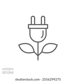 Eco plug icon. Simple outline style. Eco power, green energy, save power, sustainable, electric, leaf, ecological, environment concept. Thin line symbol. Vector illustration isolated. Editable stroke.