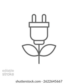 Eco plug icon. Simple outline style. Eco power, green energy, save power, sustainable, electric, leaf, ecological, environment concept. Thin line symbol. Vector illustration isolated. Editable stroke.