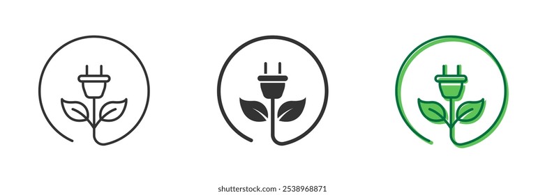 Eco Plug Line and Silhouette Icon Set. Electric Plug With Leaves Symbol. Green Energy Plug Icon. Editable Stroke. Isolated Vector Illustration.
