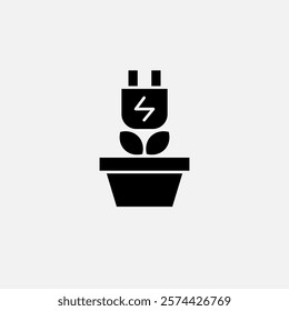 Eco plug and plant in a pot icon glyph, free energy, ecology, renewable and green energy concept. Solid black icon.