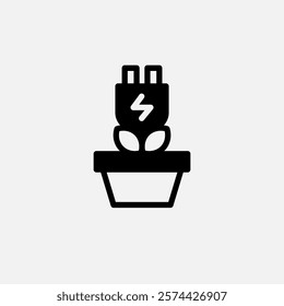 Eco plug and plant in a pot icon semi solid, free energy, ecology, renewable and green energy concept. Glyph icon.