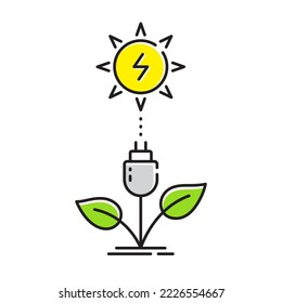 Eco plug power line icon. Save energy from eco electric power. Alternative and ecological sustainable sun energy. Innovation technology with lightning icon. Sustainable plug in. Vector