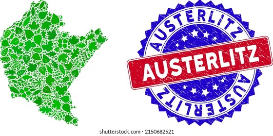 Eco Podkarpackie Voivodeship map composition of floral leaves in green color variations and grunge bicolor Austerlitz seal stamp. Red and blue bicolored seal with unclean style and Austerlitz word.
