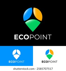 Eco Point Icon. The location icon, map marker consists of 3 colored elements symbolizing the Sun, Sky and green field.