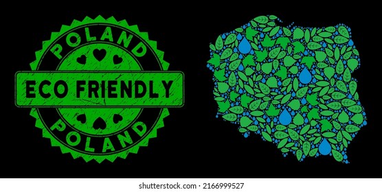 Eco Poland map composition of herbal leaves and water drops, and ECO FRIENDLY quality stamp. Poland map is formed of green herbal icons and blue water drops. Abstract geographic plan for Poland map.