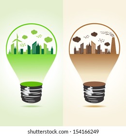 Eco and polluted city concept with bulb stock vector