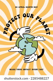 Eco poster or card in groovy retro cartoon style. Happy earth day, environment day, ecology template design. Trendy vintage lettering, cute earth planet character on retro rays background concept.
