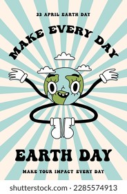 Eco poster or card in groovy retro cartoon style. Happy earth day, environment day, ecology template design. Trendy vintage lettering, cute earth planet character on retro rays background concept.