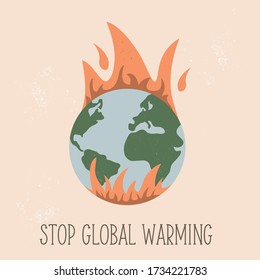 Eco poster with globe in flame. Global warming concept. Vector concept design