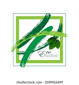 Eco poster with green leaves and vector watercolor green brushes isolated on white background