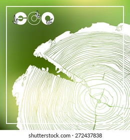 ECO poster with logo and Annual tree growth rings, grayscale drawing of cross-section on blurred background. Vector illustration 