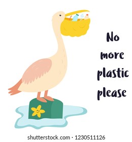 Eco poster. Pelican and waste inside the beak. Environment protection. No more plastic