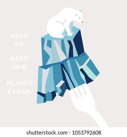 Eco poster with polar bear sitting on iceberg. Save oceans concept