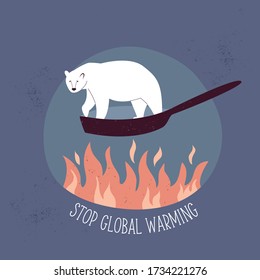 Eco poster STOP GLOBAL WARMING with polar bear suffering from temperature rising. Vector illustration