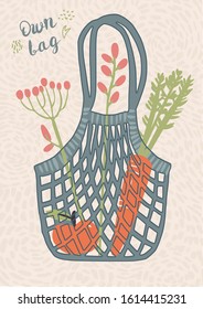 Eco poster with string bag, plants, carrot and apple. Vector concept for zero waste lifestyle