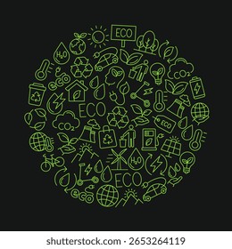 Eco Poster with Vector Line Art Icons in Circle Shape. Sustainable Living Concept. Brigh green icons isolated on a black background. 