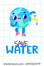Eco poster with water flowing from the earth through a faucet. Vector banner with old cartoon earth.