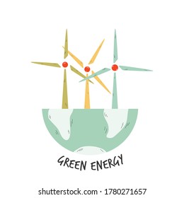 Eco poster with windmills for electric power generation. Vector illustration