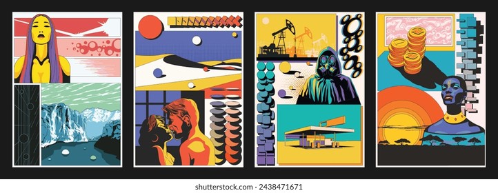 Conjunto de plantillas de pósters ecológicos. India, Chica esquimal, Mujer africana, Pareja besándose, Eco activista en máscara de gas, iceberg, dunas, bombas de petróleo, gasolinera abandonada, paisaje de sabana africana 